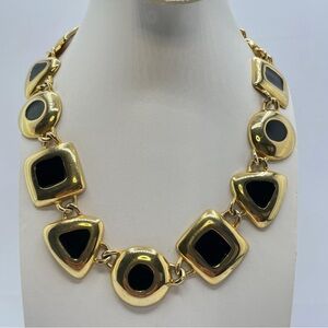 Vintage Gold Tone Black Enamel Geometric Link Statement Necklace Retro